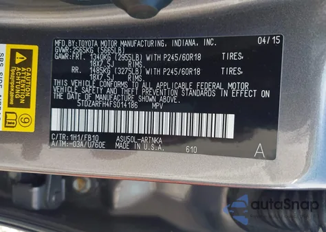 2015 Toyota Highlander Le z USA, uszkodzony, nr VIN 5TDZARFH4FS014186